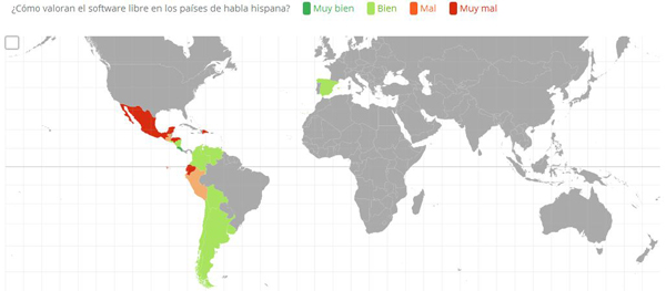 Mapa del mundo con donde se muestra el Indice de Valoración del Software Libre por colores (IVLS)