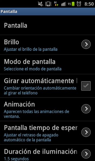 Opciones de la pantalla en Android