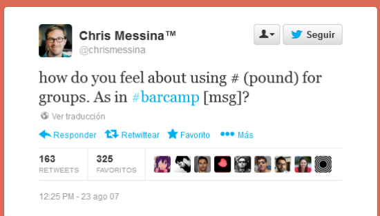 El tuit de Chris Messina donde propone el uso del hashtag